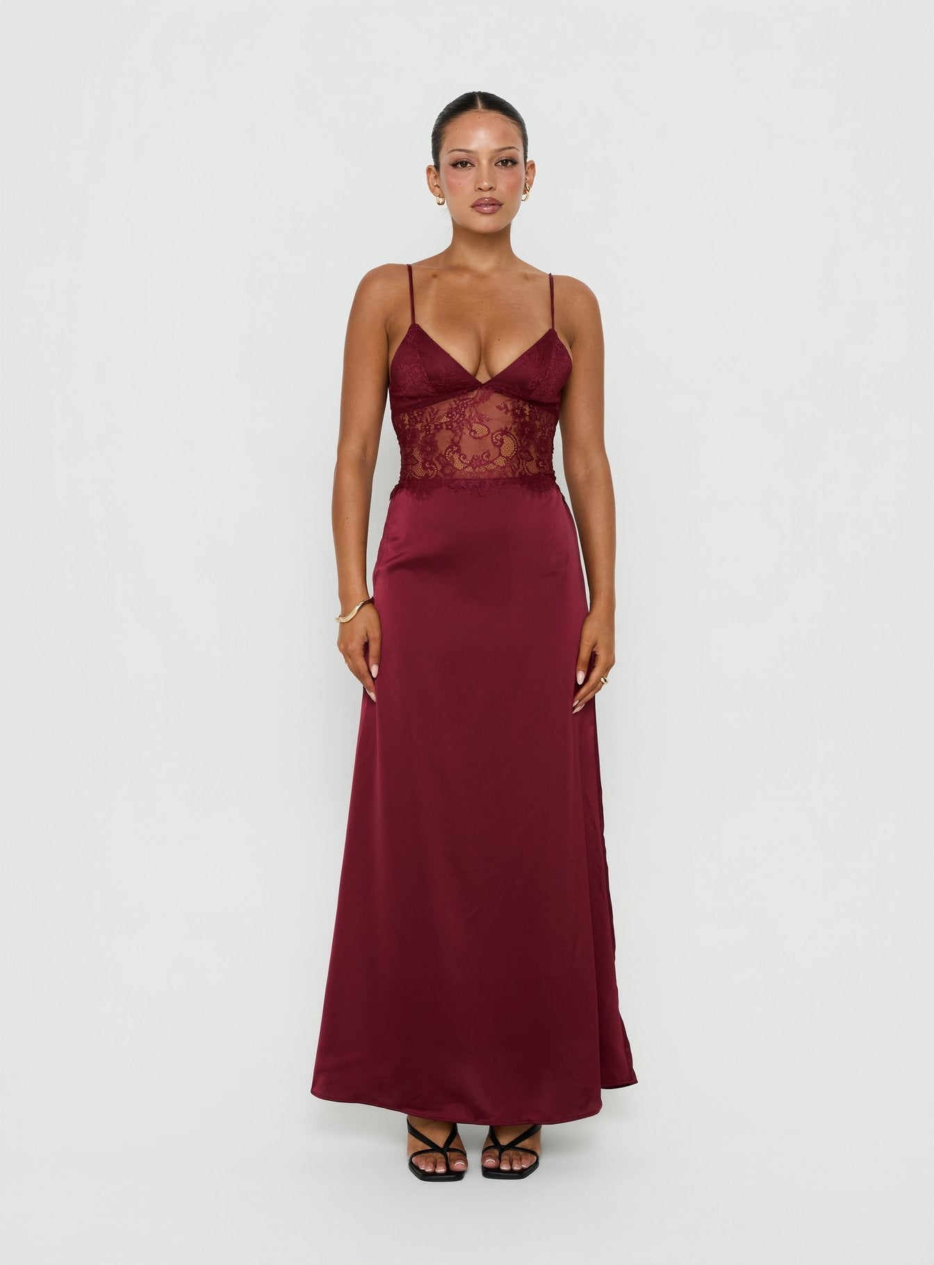 Lusta Plunge Lace Maxi Dress Cherry