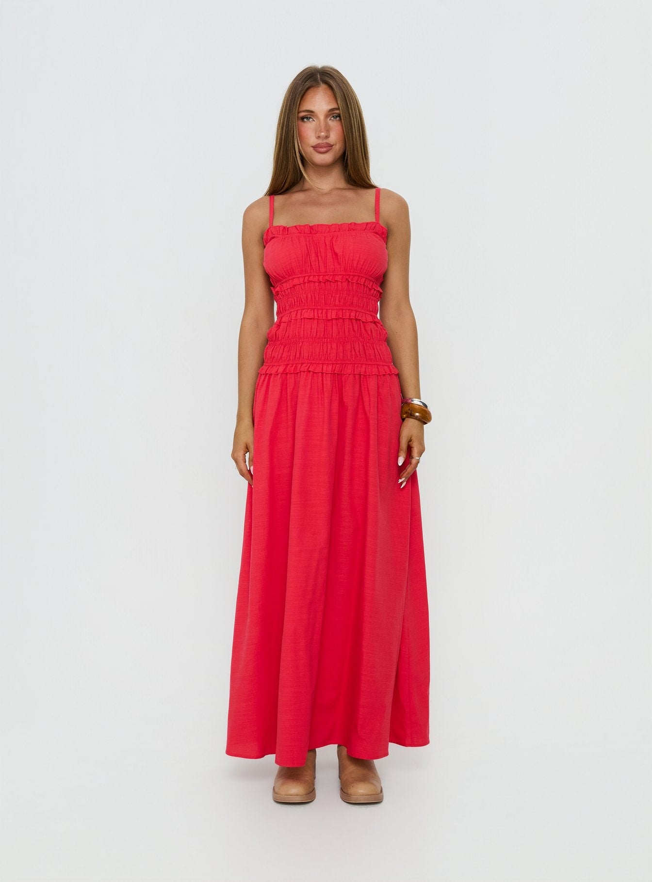 Rubiella Shirred Maxi Dress Red