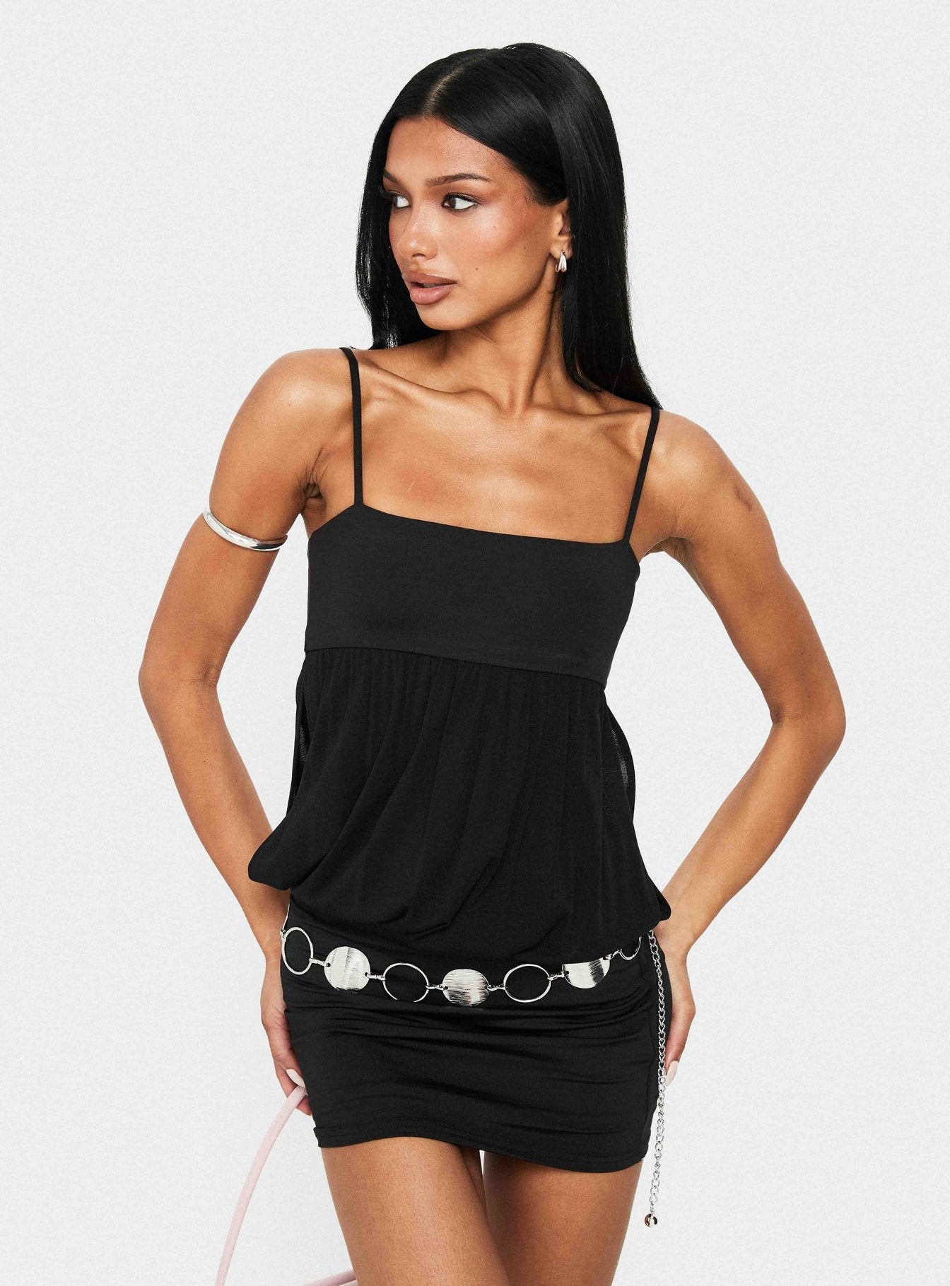 Franciska Sheer Blouson Mini Dress Black