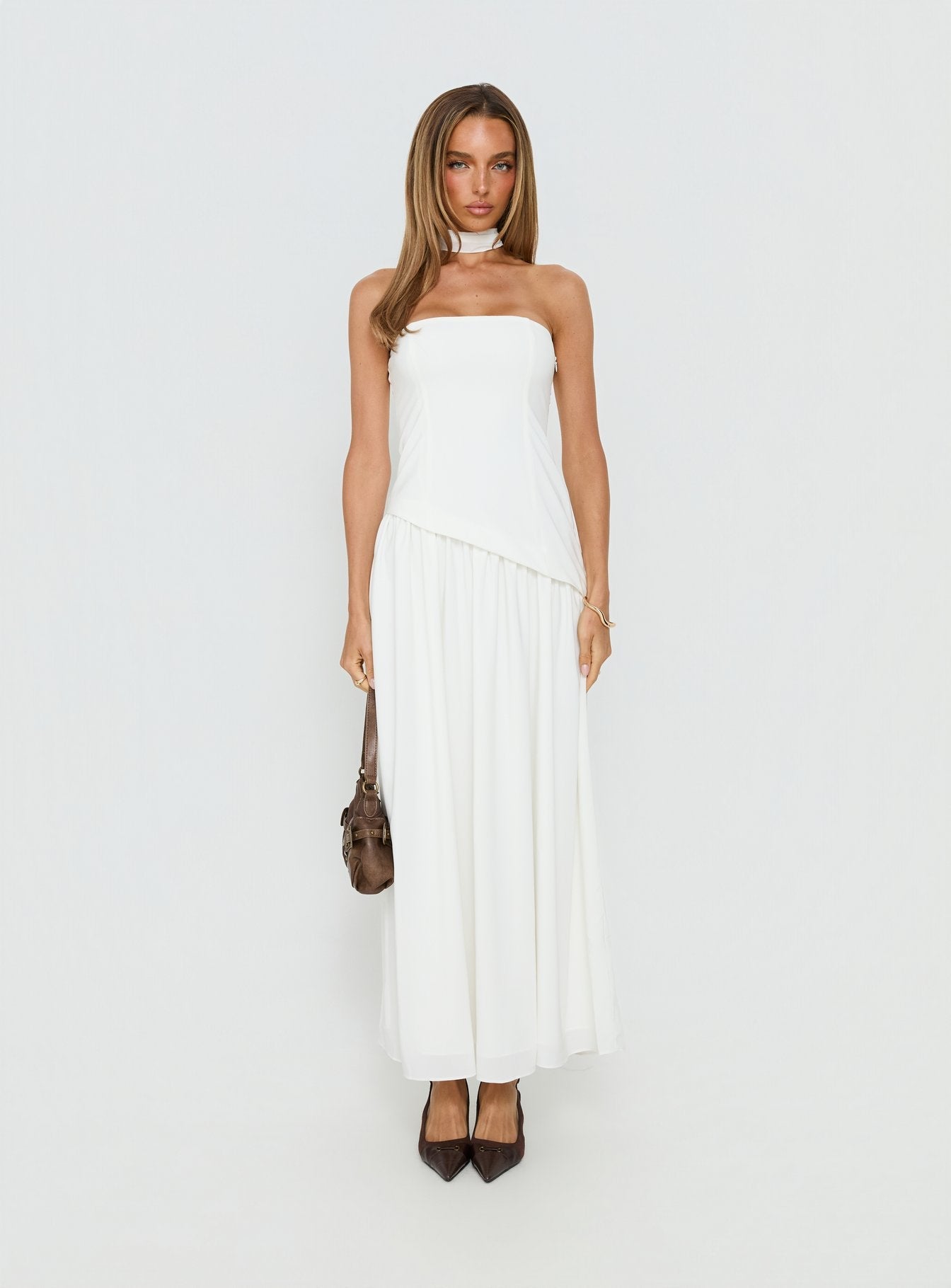 Odela Strapless Scarf Drop Waist Maxi Dress White