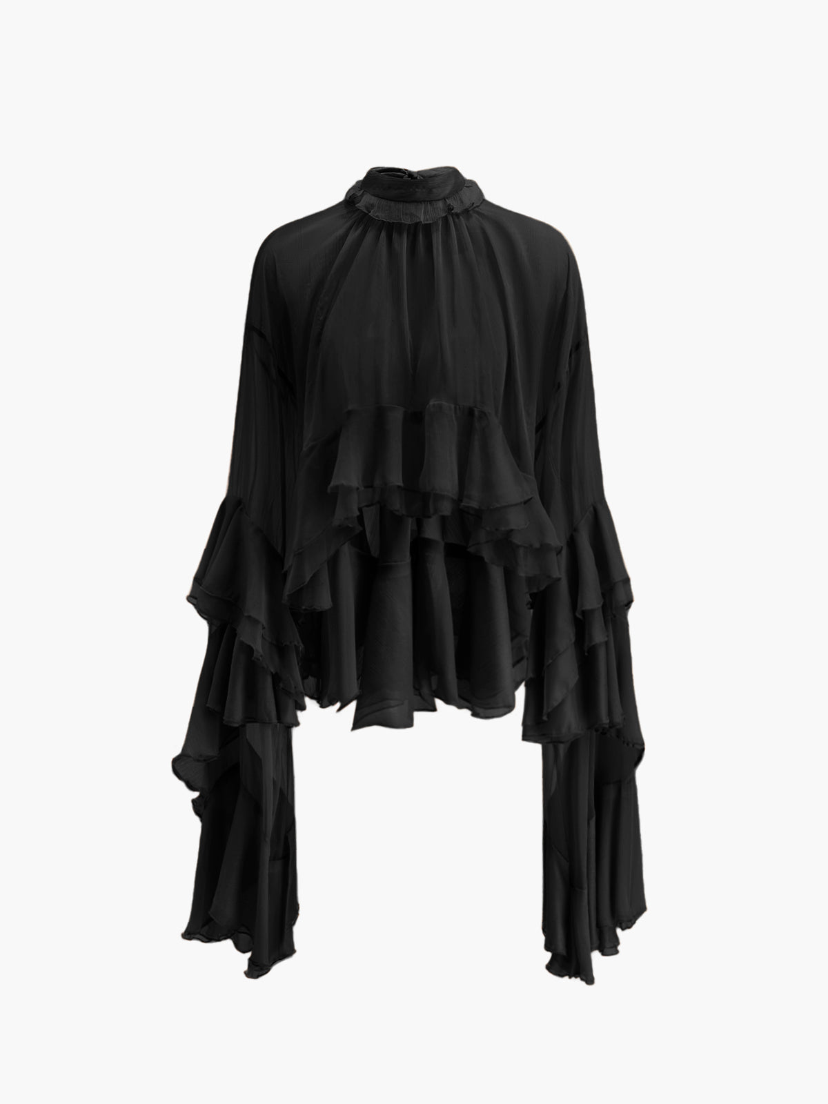 Sheer Turtleneck Ruffle Chiffon Blouse Long Sleeve