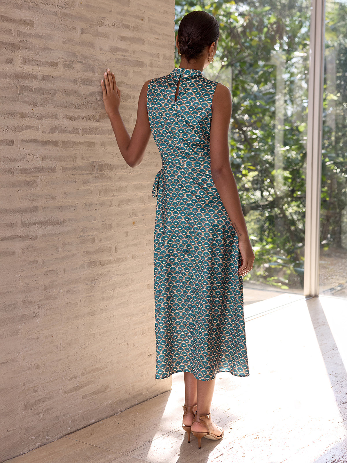 Scallop-Print Sleeveless Mock Neck Wrap Midi Dress