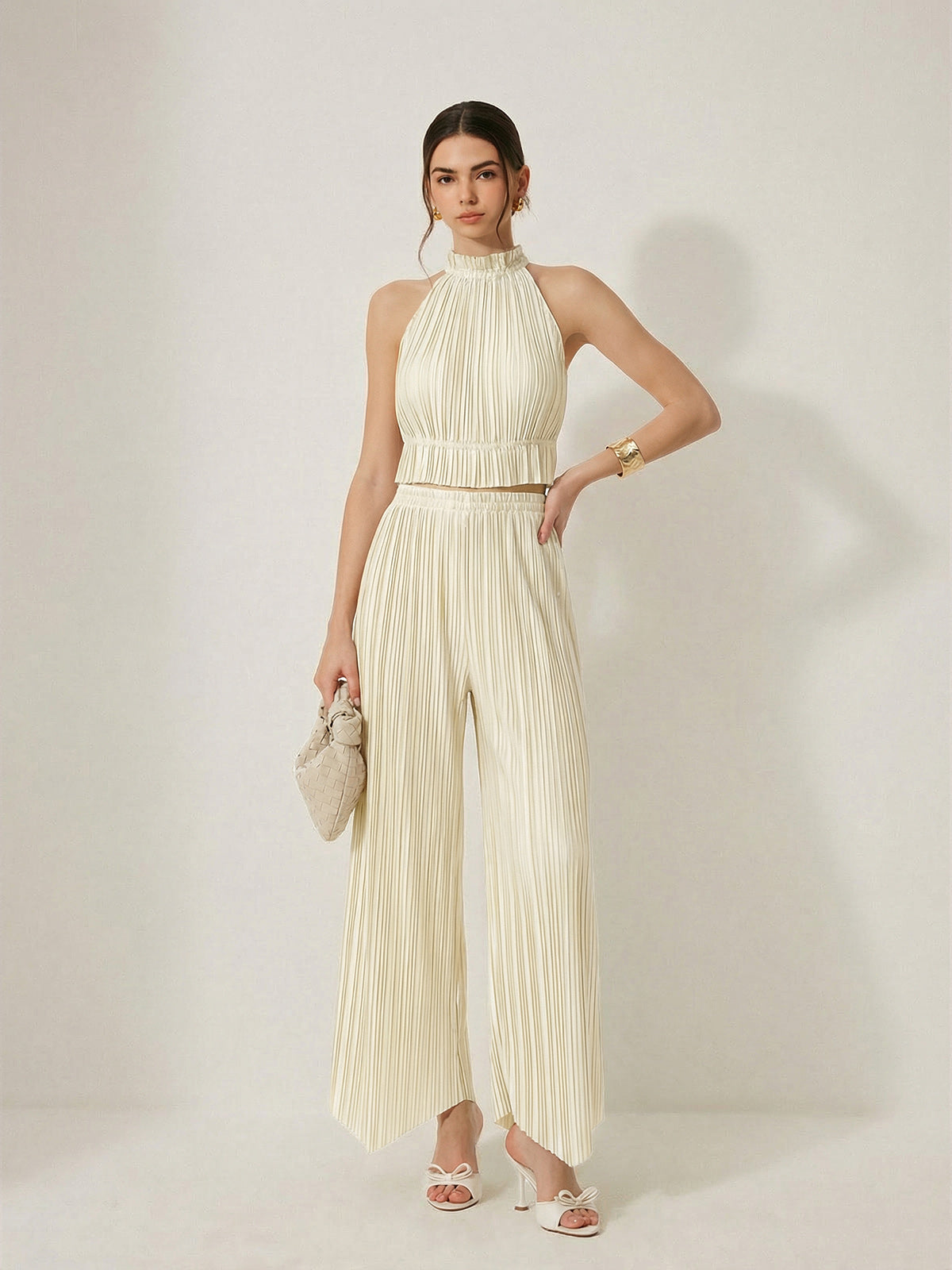 Pleated Halter Crop Top & Pants Set
