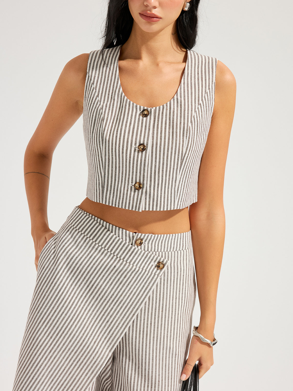 Striped Cotton Linen Vest & Asymmetrical Pants Set