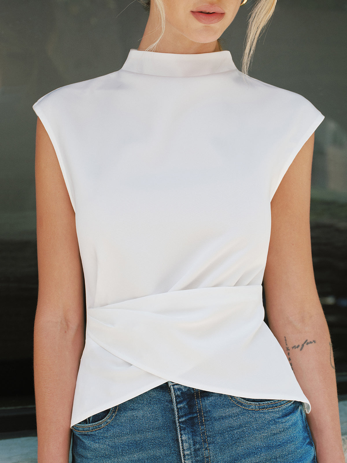 Mock Neck Sleeveless Asymmetrical Hem Blouse