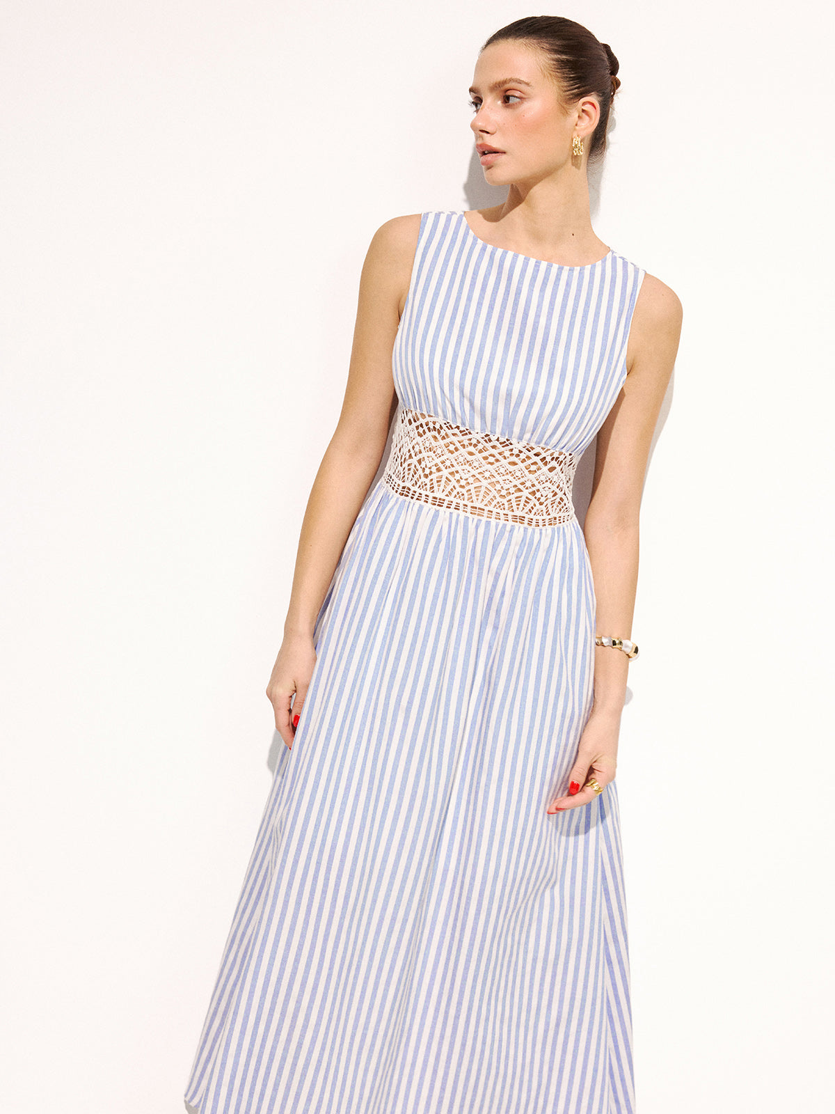 Striped Sleeveless Lace Waist Maxi Dress