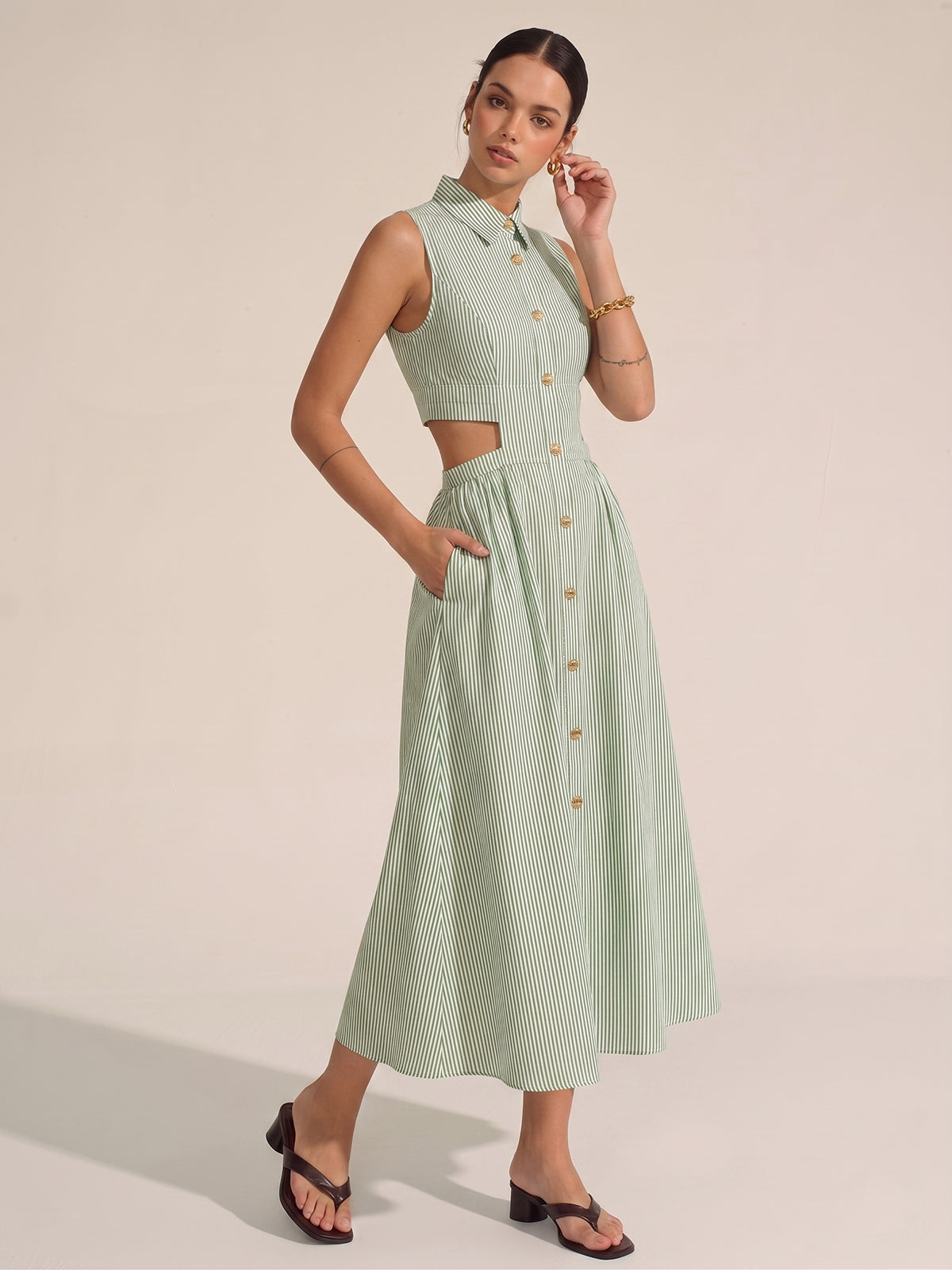 Sleeveless Cutout Striped Midi Shirt Dress