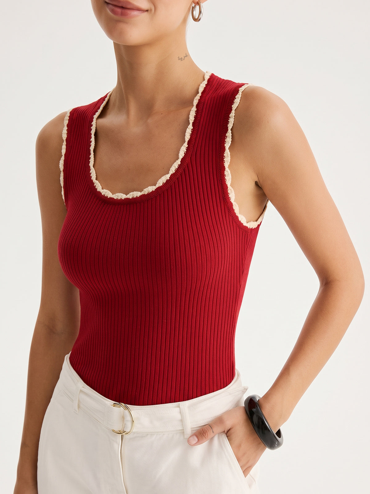 Ribbed Scallop Trim Knit Tank Top