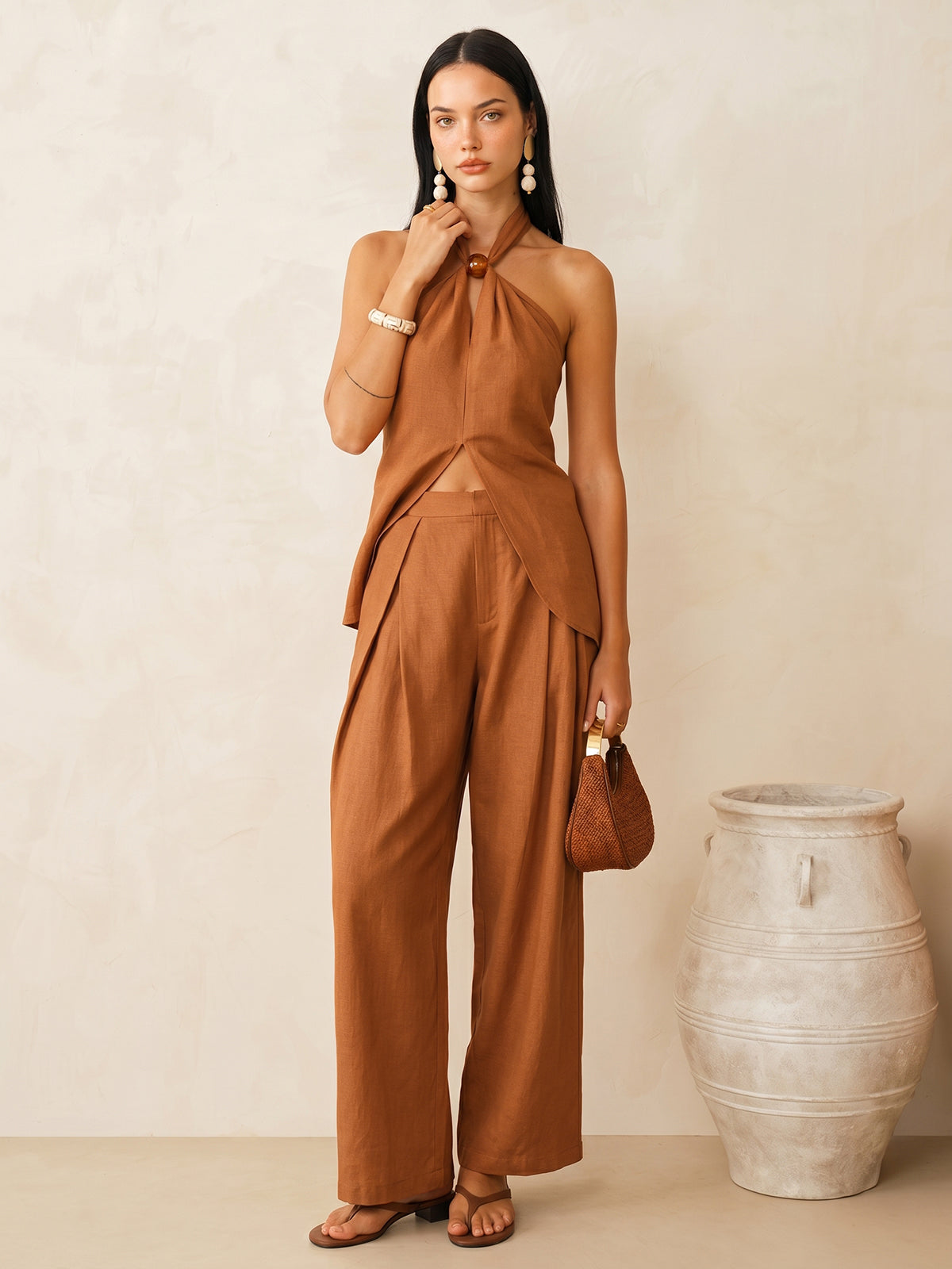 Linen-Blend Halter Top & Pants Set