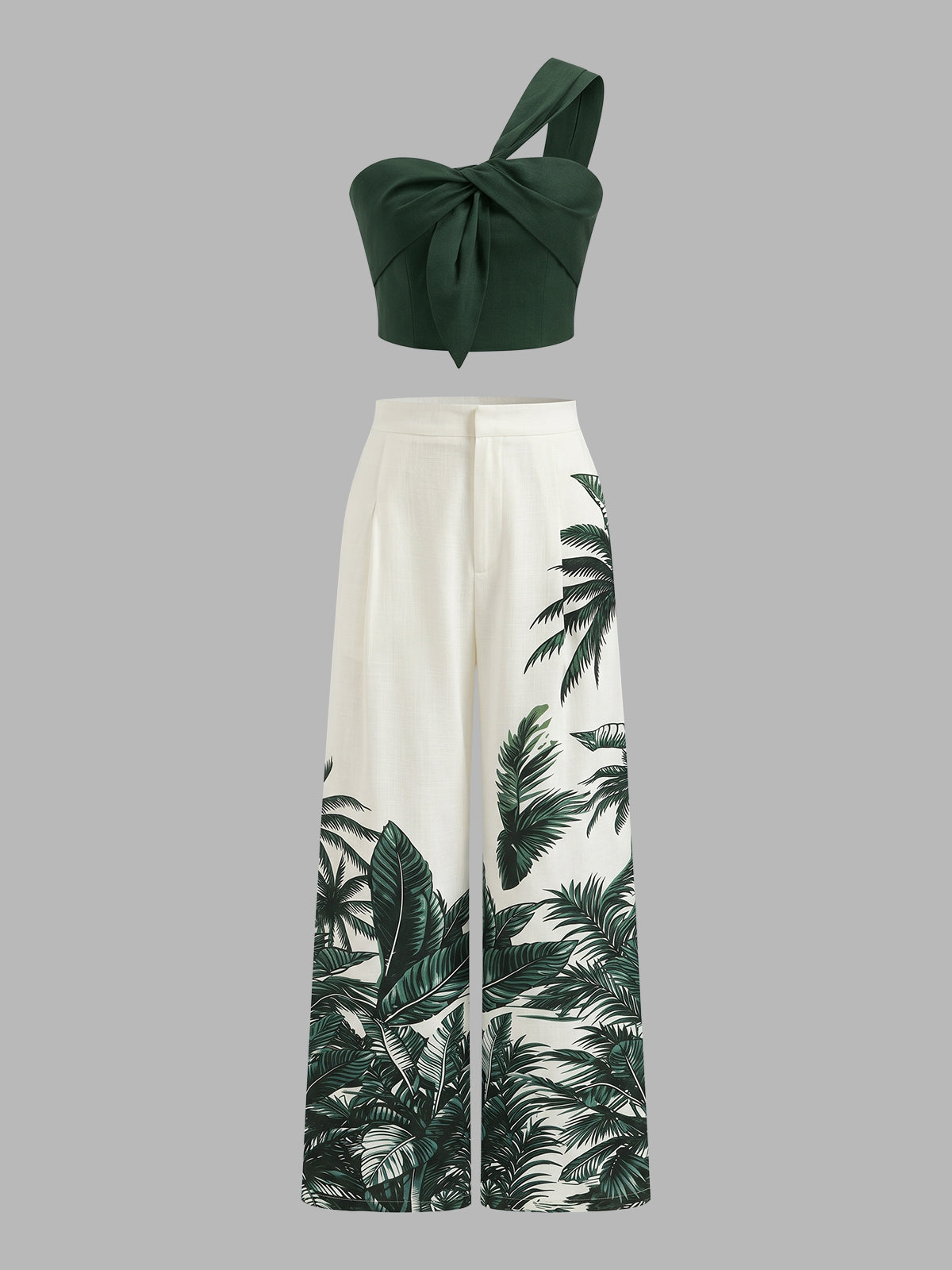 One-Shoulder Top & Tropical Print Pants Set