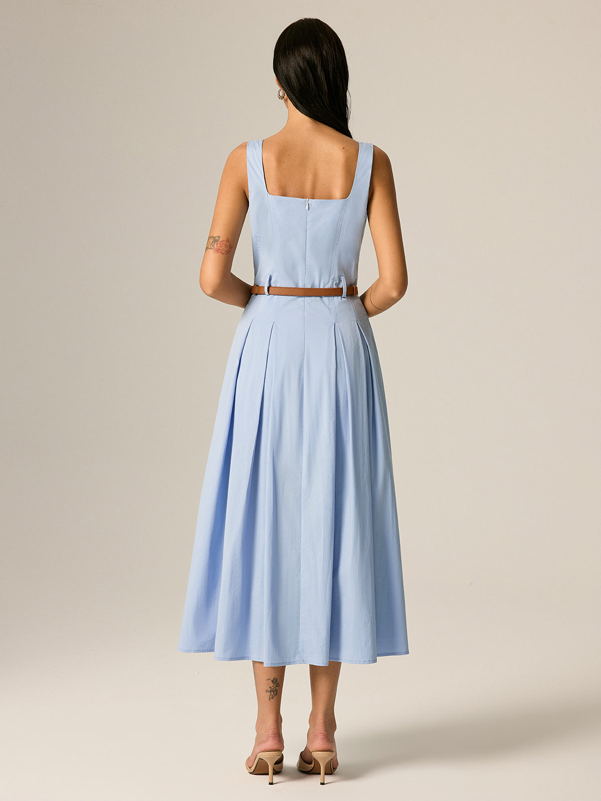 Square Neck Belted Pleated Maxi Dress