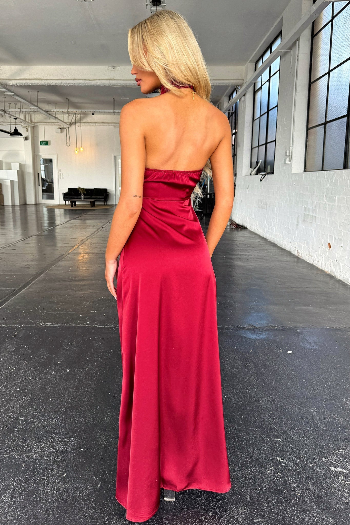 Arabelle High Neck Satin Maxi Dress - Burgundy