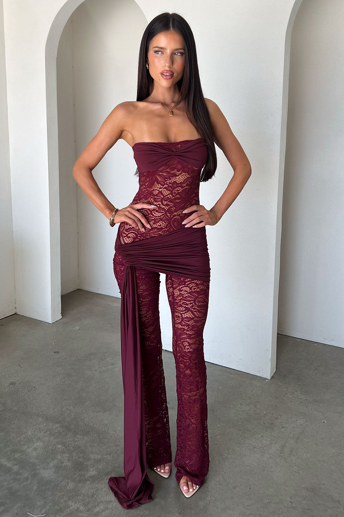 Elle Lace Jumpsuit - Burgundy