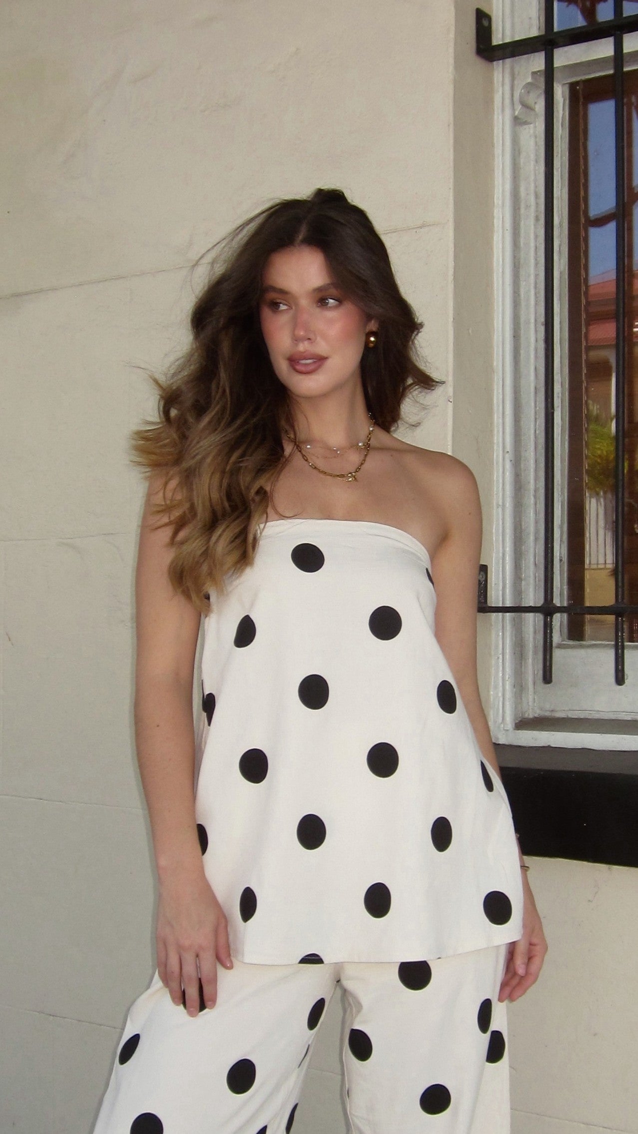 Hazelle Strapless Top - Beige/Black Polka Dot