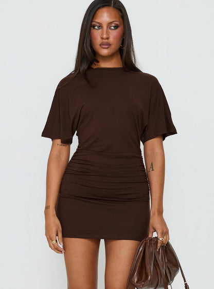 Hunni Ruched Shirt Mini Dress Brown