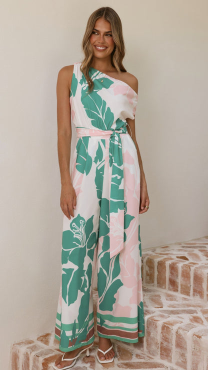 Oasis One Shoulder Jumpsuit - Pink/Green