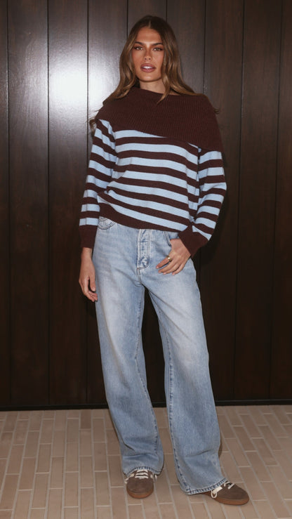Henna Off Shoulder Knit Sweater - Blue/Chocolate Stripe