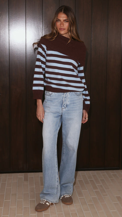 Henna Off Shoulder Knit Sweater - Blue/Chocolate Stripe