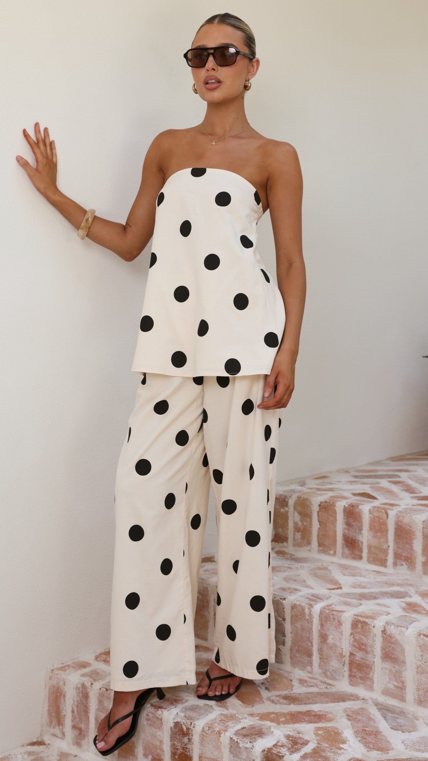 Hazelle Strapless Top - Beige/Black Polka Dot