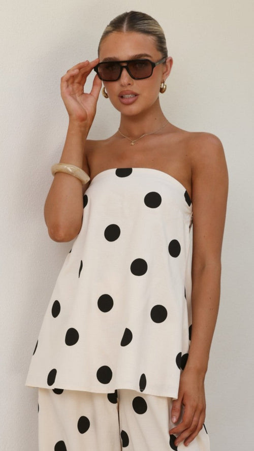 Hazelle Strapless Top - Beige/Black Polka Dot