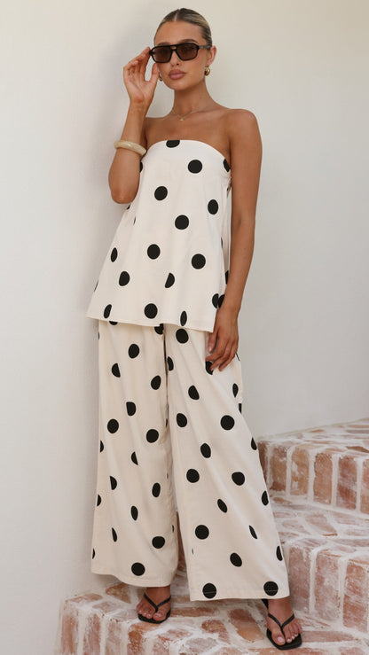 Hazelle Strapless Top - Beige/Black Polka Dot