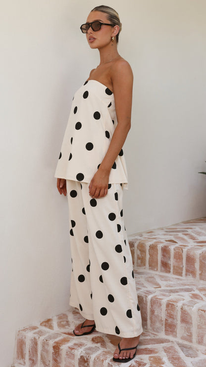 Hazelle Strapless Top - Beige/Black Polka Dot