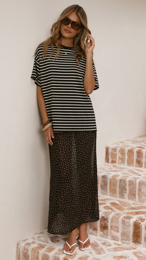 Elisha T-Shirt and Sheer Maxi Skirt Set - White/Black Stripe and Polka Dot
