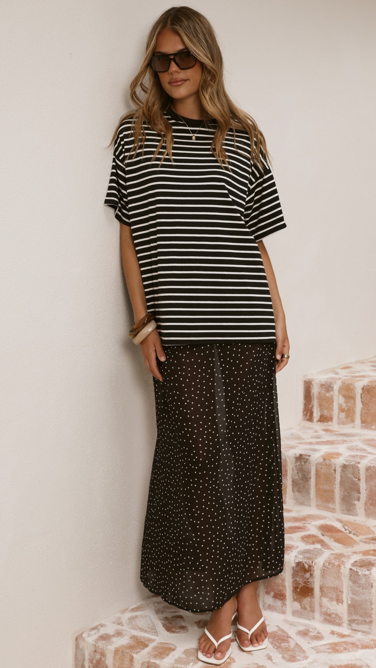 Elisha T-Shirt and Sheer Maxi Skirt Set - White/Black Stripe and Polka Dot