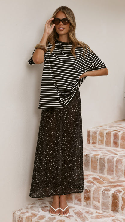 Elisha T-Shirt and Sheer Maxi Skirt Set - White/Black Stripe and Polka Dot