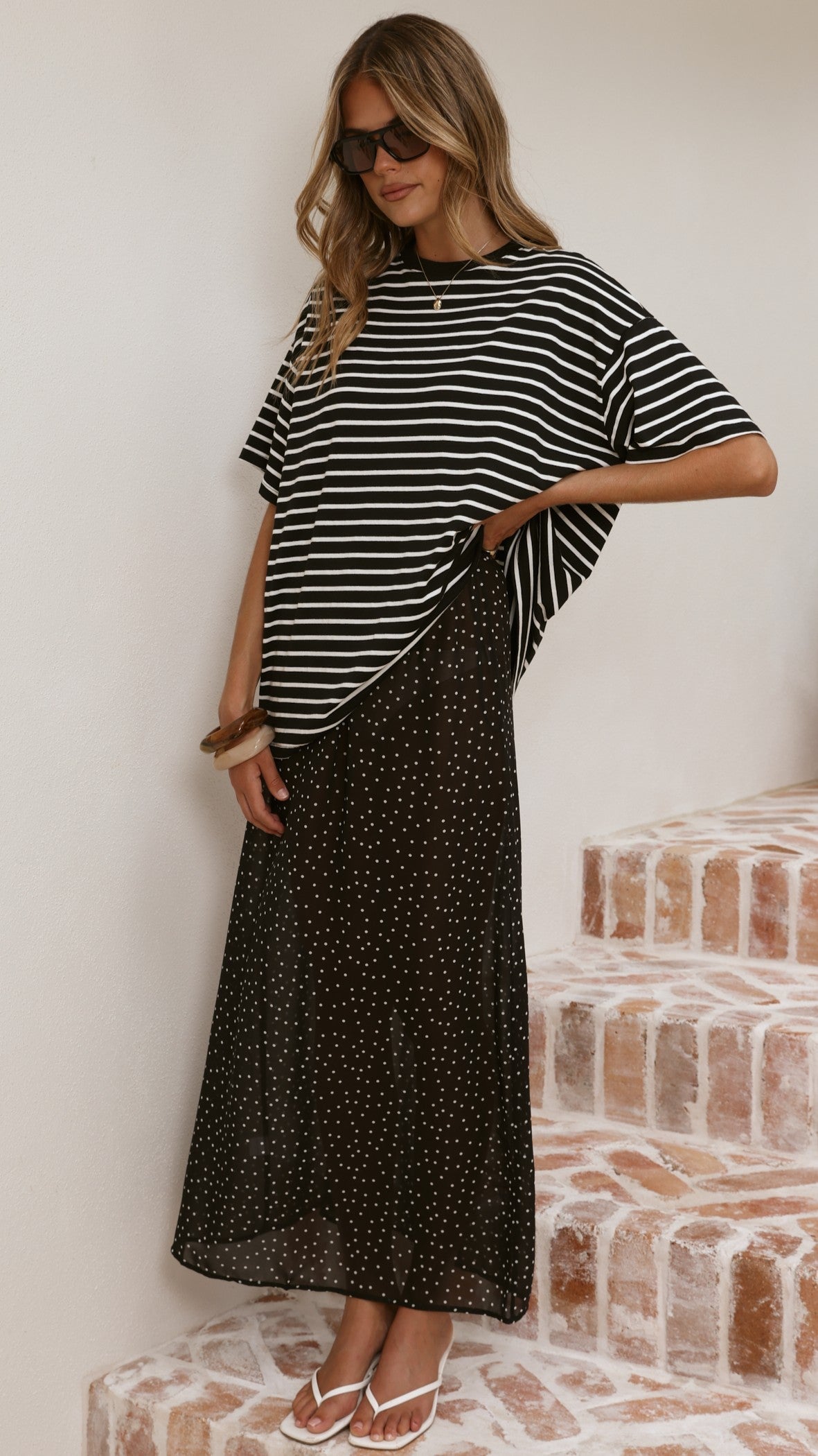 Elisha T-Shirt and Sheer Maxi Skirt Set - White/Black Stripe and Polka Dot