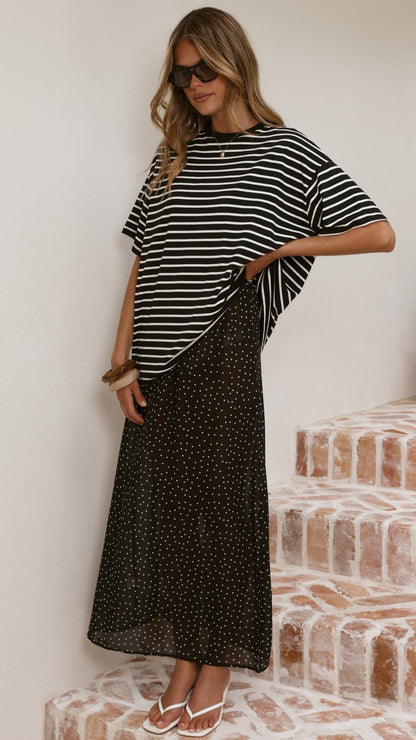 Elisha T-Shirt and Sheer Maxi Skirt Set - White/Black Stripe and Polka Dot