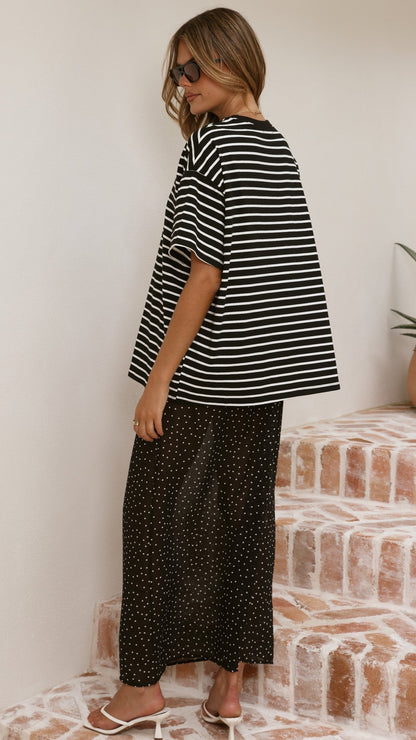Elisha T-Shirt and Sheer Maxi Skirt Set - White/Black Stripe and Polka Dot