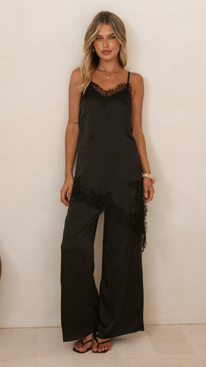 Hayleigh Asymmetrical Top and Pants Set - Black/Lace