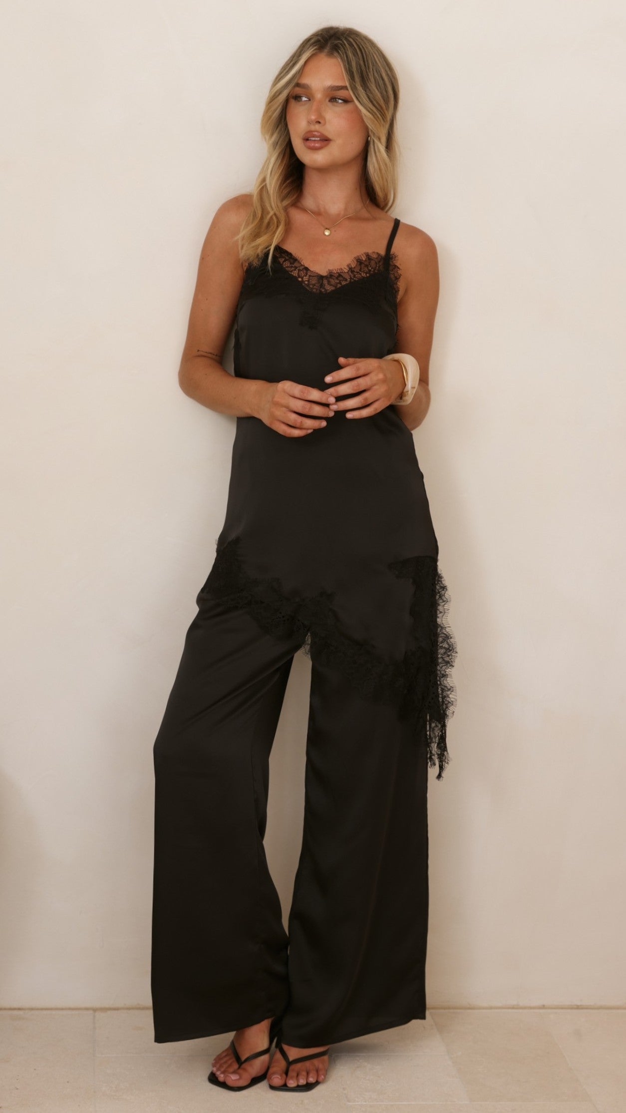 Hayleigh Asymmetrical Top and Pants Set - Black/Lace