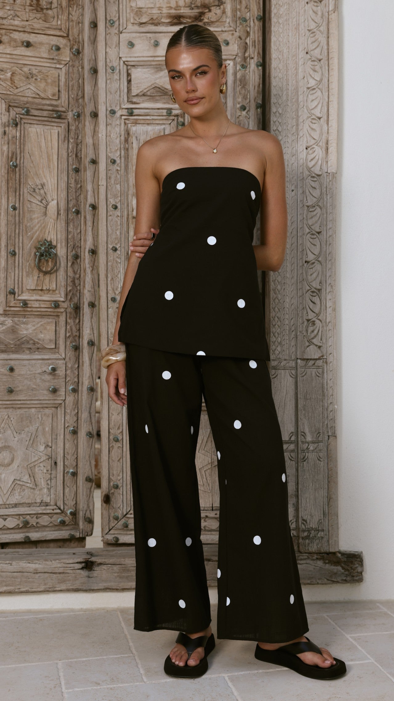 Kailani Strapless Top and Pants Set - Black/White Polka
