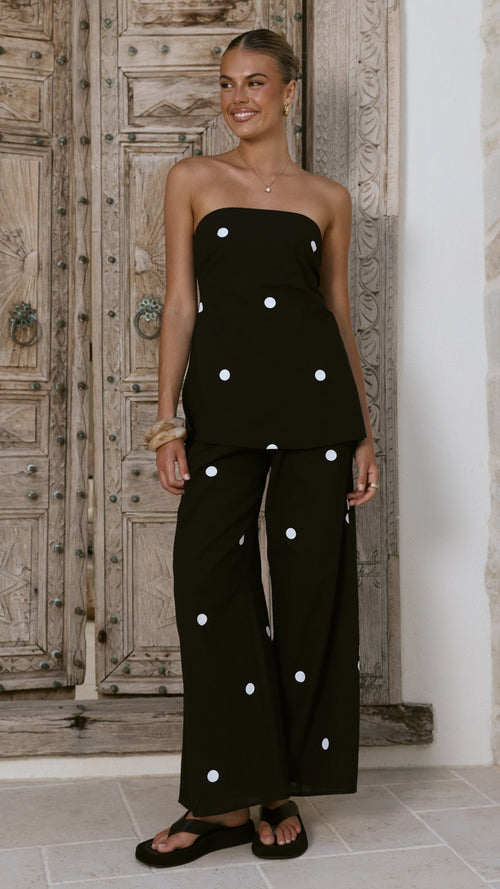 Kailani Strapless Top and Pants Set - Black/White Polka
