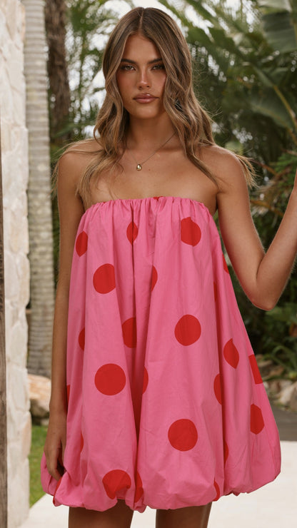 Everly Strapless Mini Dress - Pink/Red Polka