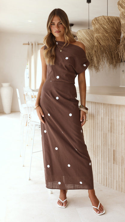 Aurra Off Shoulder Maxi Dress - Brown/White Polka
