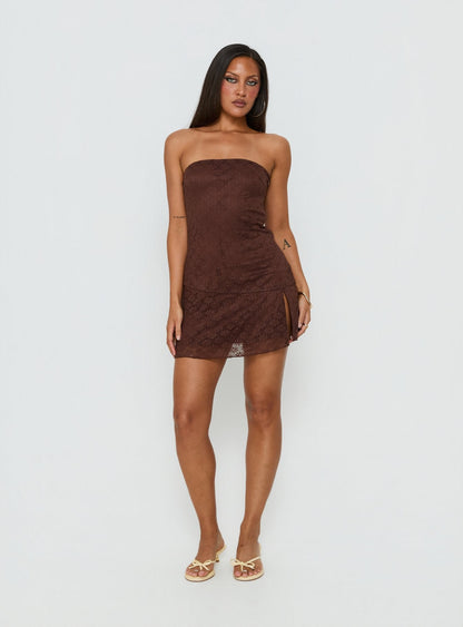 Cavalier Strapless Lace Mini Dress Chocolate
