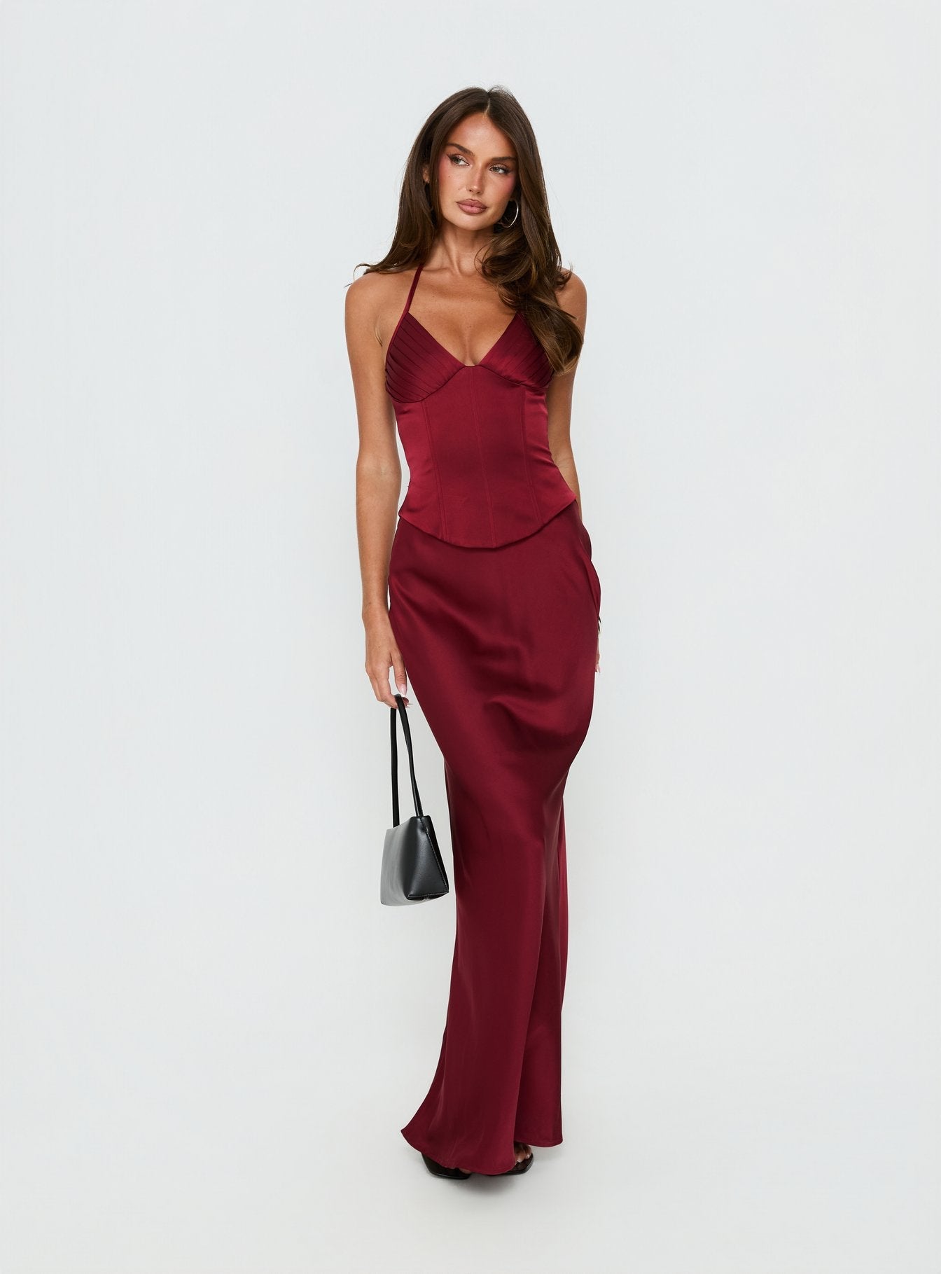 Devotedness Satin Corset Maxi Dress Deep Red