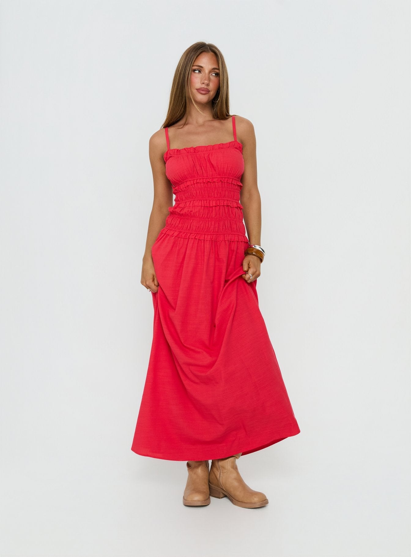 Rubiella Shirred Maxi Dress Red