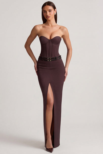 Pinstripe Low-Rise Maxi Skirt in Chocolate Brown
