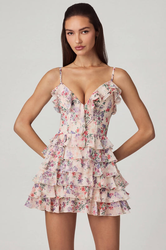 Ruffled Lace-Up A-Line Mini Dress in Primrose Floral Print