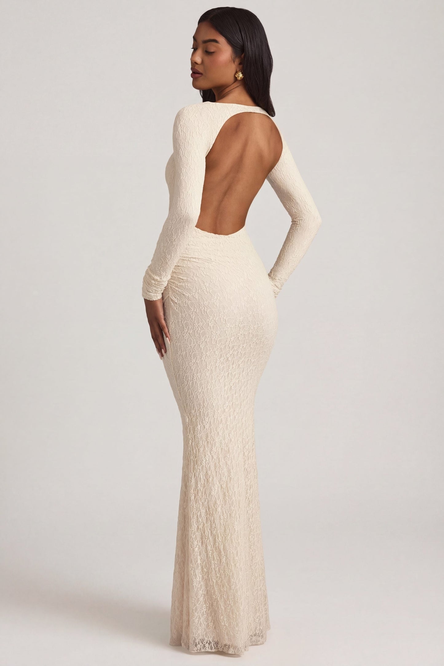 Ruched Backless Lace Maxi Dress in Ivory