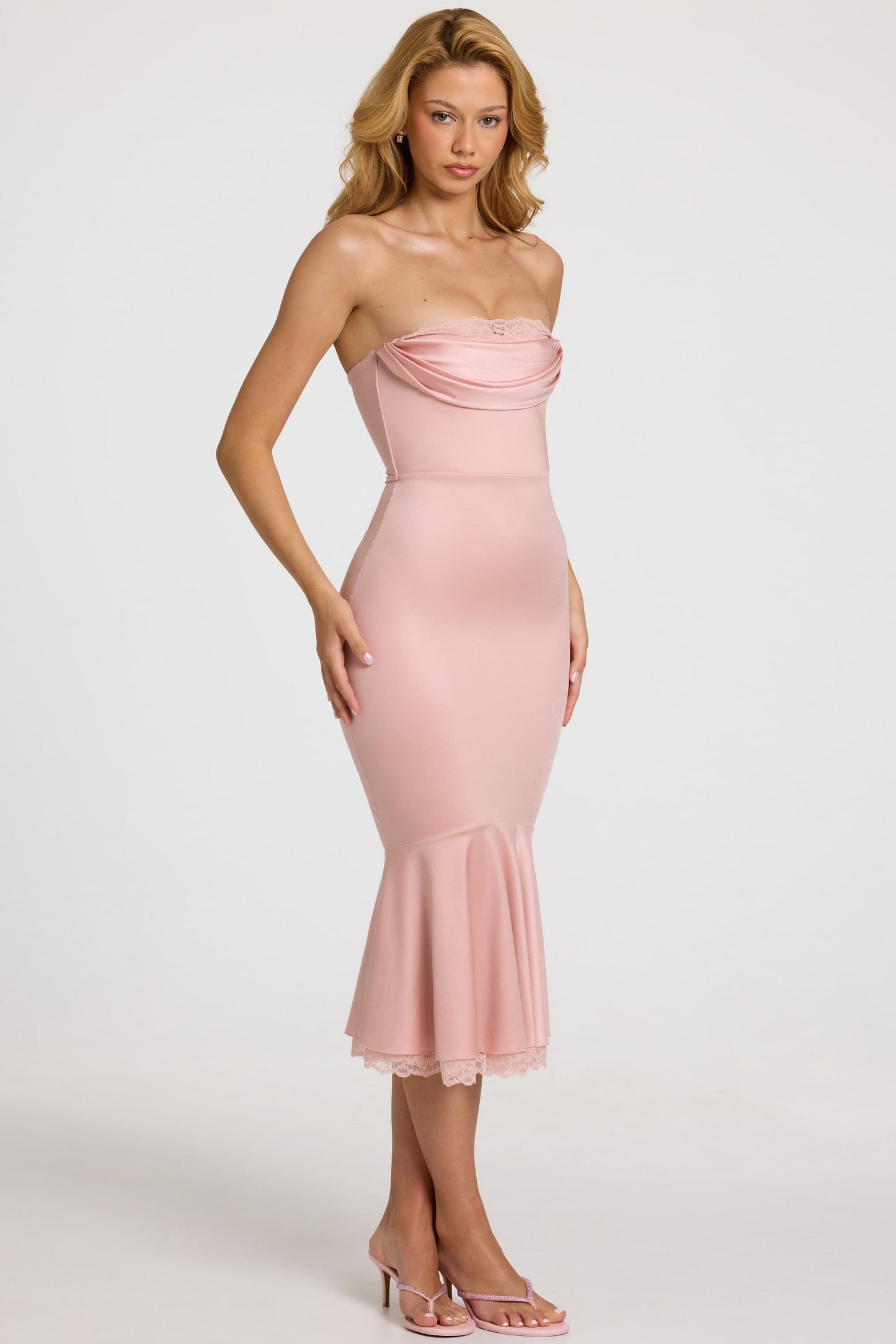 Satin Lace-Trim Bandeau Fluted Midaxi Dress in Blush Pink