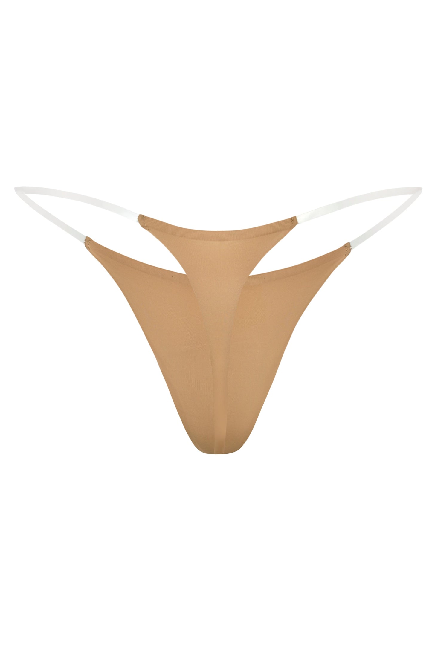 Seamless Knit Clear Strap Thong in Caramel