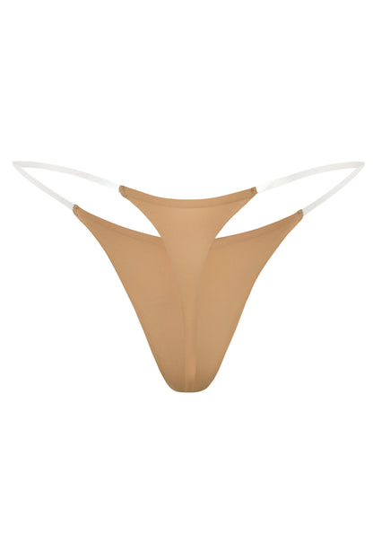 Seamless Knit Clear Strap Thong in Caramel