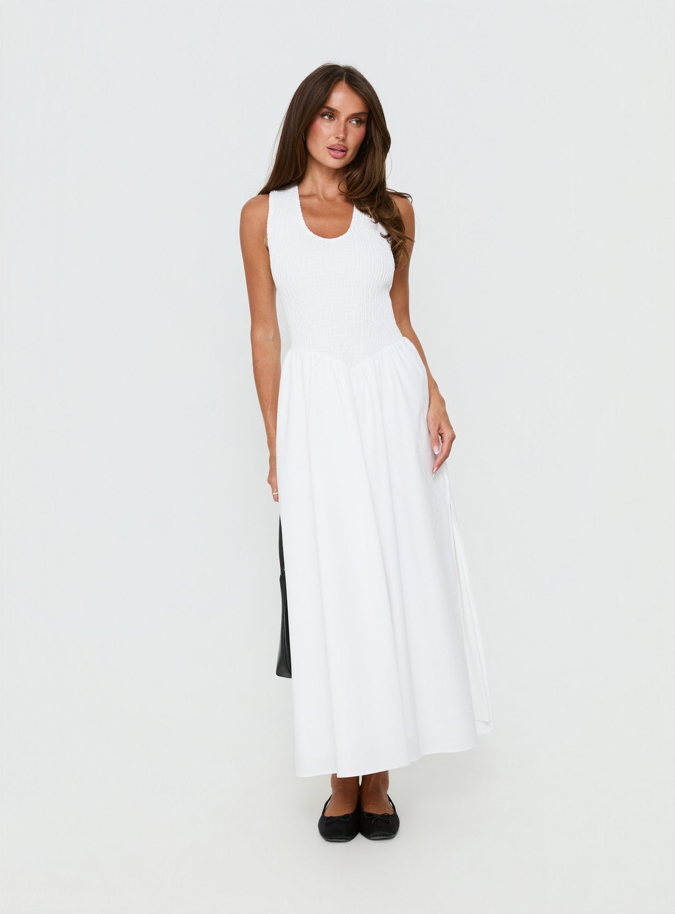 Highgate Drop Waist Pleat Detail Maxi Dress White