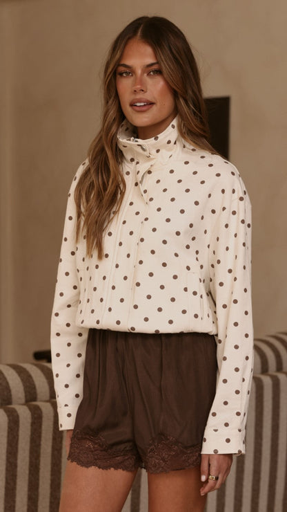 Nessie Funnel Neck Jacket - Cream/Chocolate Polka