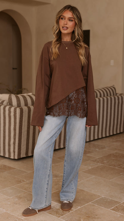 Javi Long Sleeve Lace Top - Brown